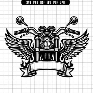 May include: A monochrome illustration of a motorcycle with wings, flames, and a banner. The design shows a detailed front view of a motorbike with handlebars, a headlight, and side mirrors. The banner is blank.