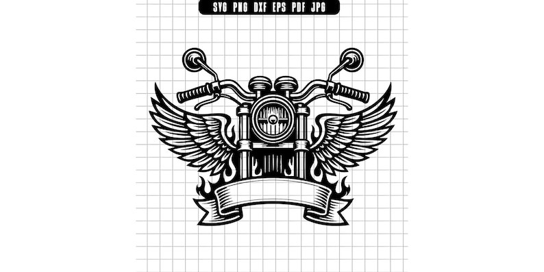 May include: A monochrome illustration of a motorcycle with wings, flames, and a banner. The design shows a detailed front view of a motorbike with handlebars, a headlight, and side mirrors. The banner is blank.