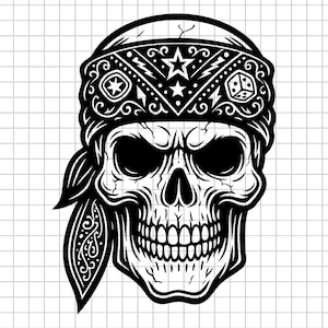 Bandana Skull Svg, Rock Skull Clipart, Detailed Skull PNG, Skull Head Cut File, Tattoo Skull Svg