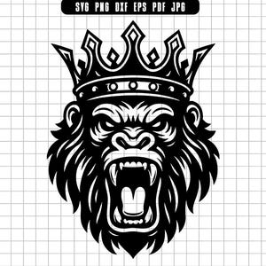 Gorilla With Crown Vector Illustration, King Of The Jungle Primate Svg, Powerful Ape Clipart For Cricut And Tattoo Design