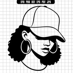 May include: Black and white graphic of a person wearing a baseball cap and hoop earrings. The person has curly hair and a side profile is visible. The image is a vector graphic, suitable for various digital applications.