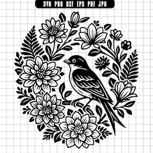 Bird With Flowers Svg, Floral Bird Svg, Garden Svg, Bird Clipart, Bird Cut File, Bird Silhouette, Instant Download
