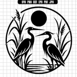 May include: Black and white graphic of two herons in a circular frame, with reeds and a sun. The image is a vector design, suitable for cutting or printing. The design includes the file types SVG, PNG, DXF, EPS, PDF, and JPG.