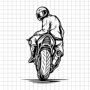 May include: Monochrome illustration of a motorcyclist on a motorbike, seen from behind. The rider wears a helmet and riding attire. The motorbike is angled upwards, with the front wheel off the ground.