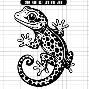 May include: Black and white illustration of a gecko with a spotted pattern. The gecko is depicted in a side profile, with its tail curled. The image includes the text "SVG PNG DXF EPS PDF JPG" at the top.