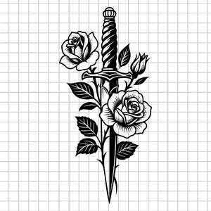 May include: Black and white illustration of a dagger intertwined with roses and leaves. The dagger has a detailed hilt and blade, with two large roses and a bud. The design is set against a grid background.