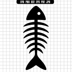 May include: A black fish skeleton graphic on a white grid background. The fish skeleton is a simple, stylized design with a triangular head, a single eye, and curved ribs. The tail is a split, fan-like shape. The image includes the text "SVG PNG DXF EPS PDF JPG".