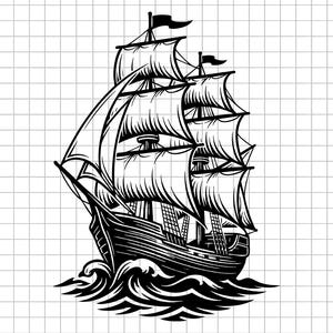 May include: Black and white illustration of a tall sailing ship with billowing sails. The ship is depicted on a wavy sea, with detailed lines showing the ship's structure and the movement of the water. The image has a classic, nautical theme.