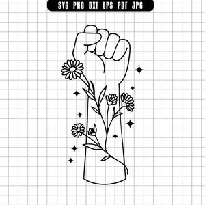Può includere: Un disegno a tratto nero e bianco di un pugno chiuso con fiori e stelle. Il pugno è chiuso, con un disegno floreale che cresce dal polso. I fiori sono margherite. L'immagine è su uno sfondo a griglia.