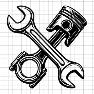 Puede incluir: Ilustración en blanco y negro de herramientas automotrices cruzadas, que incluyen una llave inglesa y un pistón. Las herramientas se representan de manera detallada y estilizada, lo que sugiere un tema de mecánico o automotriz. El fondo es un patrón de cuadrícula.