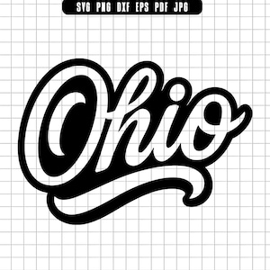 May include: Black and white graphic of the word "Ohio" in a script font. The word is outlined in black with a white fill, set against a grid background. The top right corner has file type icons.
