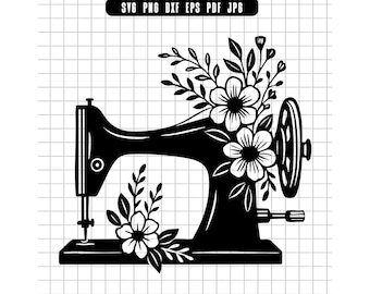 Máquina de Costura Svg, Costura de Flores Svg, Vintage Svg, Artesanato Svg, Floral Svg, Clipart de Costura, Silhueta de Costura