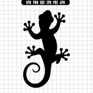 May include: Black silhouette of a gecko climbing on a grid background. The gecko has a long, curled tail and is shown with its arms and legs spread out. The image includes the file type options: SVG, PNG, DXF, EPS, PDF, and JPG.