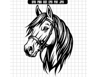 May include: Black and white illustration of a horse's head, featuring detailed lines and shading. The horse is wearing a bridle. The image includes text at the top: SVG, PNG, DXF, EPS, PDF, JPG. The background is a grid.