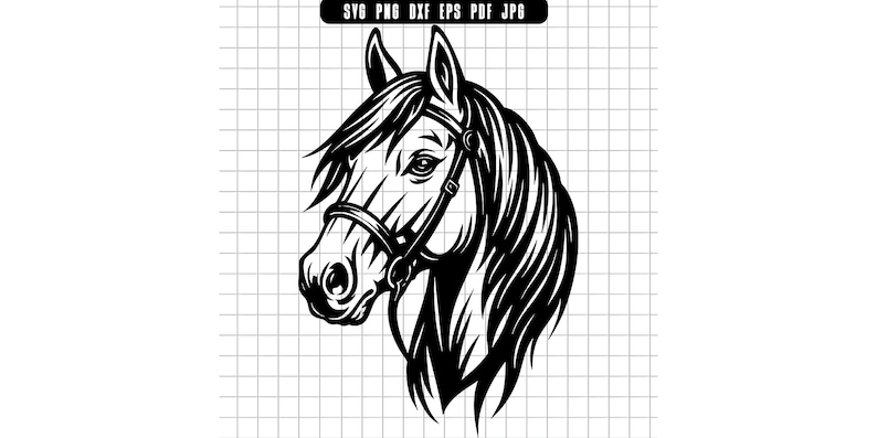 May include: Black and white illustration of a horse's head, featuring detailed lines and shading. The horse is wearing a bridle. The image includes text at the top: SVG, PNG, DXF, EPS, PDF, JPG. The background is a grid.