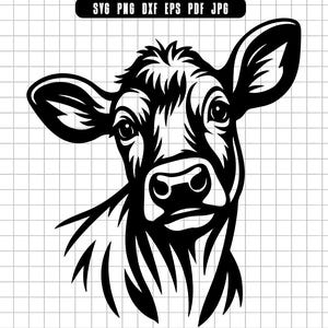 May include: A black and white graphic of a cow's head, facing forward. The cow has large eyes, a prominent nose, and detailed fur. The image is a vector design, suitable for various applications. The top of the image has the text: SVG PNG DXF EPS PDF JPG.