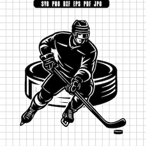 Hockey Player Action SVG Skating Silhouette With Puck Ice Hockey Clipart For Decals Shirts And Sports Crafts