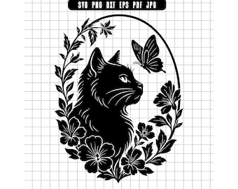 Cat And Butterfly Svg, Floral Cat Svg, Cat Silhouette Svg, Cat Clipart Svg, Cat With Flowers Svg, Cat Cut File Svg