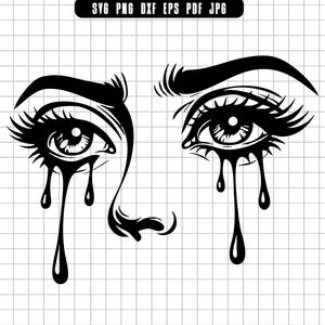 Puede incluir: Ilustración en blanco y negro de un rostro con ojos llorando. Los ojos tienen largas pestañas y cejas detalladas. La imagen es un gráfico vectorial, como indican las opciones de tipo de archivo en la parte superior.