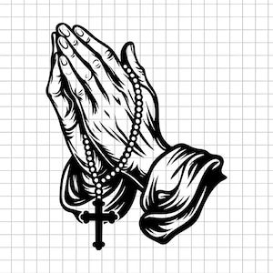 Puede incluir: Ilustración en blanco y negro de manos rezando, entrelazadas con un rosario y una cruz. Las manos están detalladas con líneas y sombreado, sobre un fondo de cuadrícula.