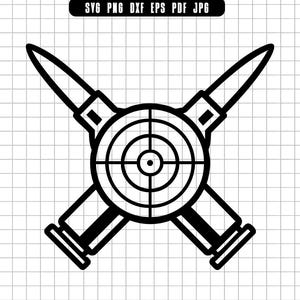 May include: Black and white graphic of two crossed bullets with a target in the center. The bullets are detailed with pointed tips and casings. The target has concentric circles and a central dot.