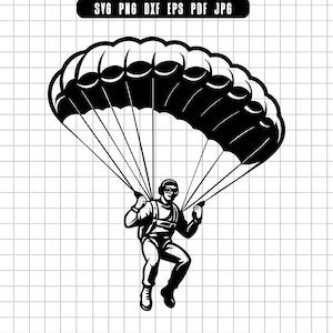 Puede incluir: Ilustración en blanco y negro de un paracaidista descendiendo bajo un paracaídas. El paracaídas es grande y ondeante, con una serie de líneas que lo conectan al paracaidista. El paracaidista lleva un mono y gafas.