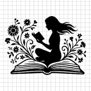 Girl Reading Book Svg, Book Lover Svg, Reading Svg, Floral Svg, Book Clipart, Silhouette, Digital Download, Svg Cut File