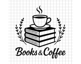 Boeken en koffie Svg, koffieboek Svg, leesmok Svg, koffieliefhebber Svg, boekstapel Svg