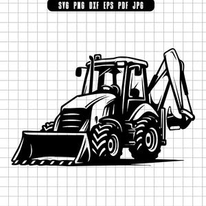 Puede incluir: Ilustración en blanco y negro de una retroexcavadora. La imagen muestra el cucharón delantero, neumáticos grandes y el brazo de la retroexcavadora. El texto en la parte superior dice "SVG PNG DXF EPS PDF JPG".