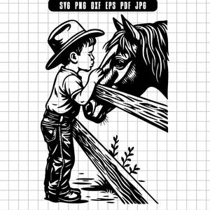 Silueta de niño vaquero con caballo, dibujo vectorial, Svg, Png, Dxf, Eps, Pdf, Jpg, animal de granja occidental