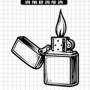 May include: Black and white illustration of a classic lighter with an open lid and a flame. The lighter is rectangular with rounded edges and a detailed design, set against a grid background.