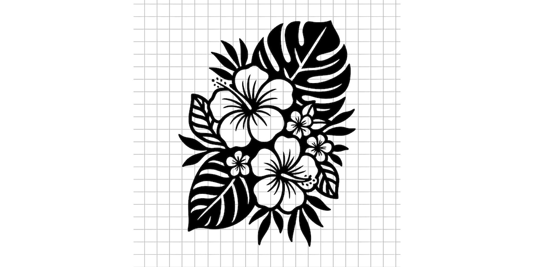 Tropical  FBB　フランス語　黒枠 Hibiscus Flower Svg, Tropical Floral Svg, Summer Bouquet Svg