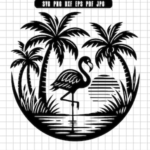 Flamingo Sunset Svg, Tropical Flamingo Svg, Palm Tree Svg, Summer Beach Svg, Vacation Flamingo Svg, Tropical Scene Svg