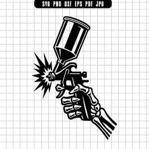May include: Black and white illustration of a spray gun held by a skeleton hand. The spray gun is detailed with a nozzle emitting a burst of energy. The image includes the text "SVG PNG DXF EPS PDF JPG".