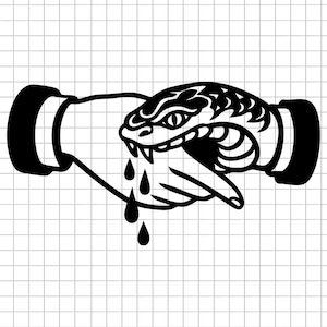 Puede incluir: Ilustración en blanco y negro de un apretón de manos con una serpiente. La cabeza de la serpiente está en el centro, con gotas que caen de sus colmillos. El diseño es de estilo tatuaje, con líneas negras gruesas y un fondo de cuadrícula.