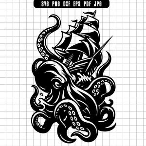 May include: A monochrome illustration showing an octopus entwined with a sailing ship. The octopus's tentacles surround the ship, which has sails and masts. The image includes the text "SVG PNG DXF EPS PDF JPG" at the top.