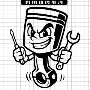 May include: A monochrome cartoon image of an engine piston with a smiling face, holding a screwdriver and a spanner. The image includes the text "SVG PNG DXF EPS PDF JPG" at the top.