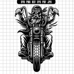 May include: Black and white illustration of a bearded biker riding a motorcycle. The biker wears a bandana, sunglasses, and a leather jacket. The motorcycle has a large headlight and high handlebars. The image includes file type information.