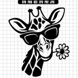 May include: Black and white graphic of a giraffe wearing sunglasses and holding a flower in its mouth. The giraffe's head is centered, with a grid pattern in the background. The image includes the text "SVG PNG DXF EPS PDF JPG" at the top.