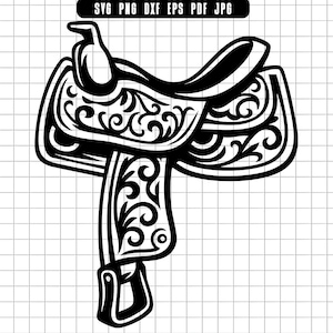 Puede incluir: Ilustración en blanco y negro de una silla de montar occidental. La silla presenta intrincados adornos florales y un borren alto. La imagen incluye el texto "SVG PNG DXF EPS PDF JPG" en la parte superior.