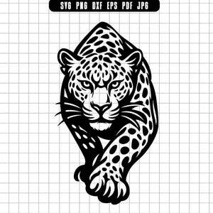 May include: Black and white illustration of a leopard walking forward. The leopard has spots and is facing the viewer. The image is a digital design, with the file type options listed at the top.