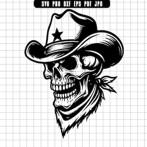 Cowboy schedel Svg, westerse schedel Svg, rodeo Svg, wilde westen Svg, skelet cowboy Svg, Bandana schedel Svg