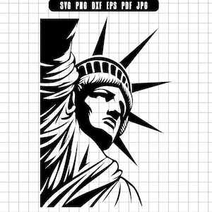 Könnte beinhalten: Schwarz-weiß Grafik der Freiheitsstatue, ein Symbol der Freiheit. Das Bild ist ein Vektordesign, wobei das Gesicht und die Krone der Statue deutlich dargestellt sind. Der Hintergrund ist ein Rastermuster.
