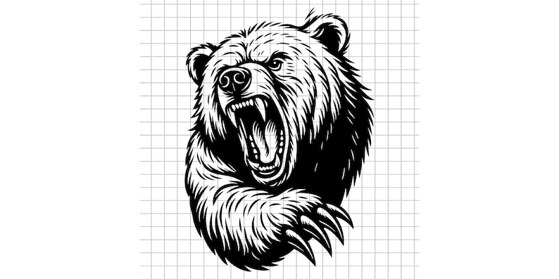K&ouml;nnte beinhalten: Schwarz-Wei&szlig;-Illustration eines br&uuml;llenden B&auml;renkopfes mit offenem Maul und sichtbaren Z&auml;hnen. Das Fell des B&auml;ren ist mit strukturierten Linien detailliert, und seine Krallen sind sichtbar. Das Bild ist vor einem Rasterhintergrund.