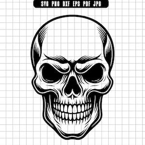 May include: A detailed black and white illustration of a human skull. The skull features prominent eye sockets, a defined nasal cavity, and a full set of teeth. The image is set against a grid background, with text at the top indicating file formats.