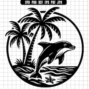 Dolphin Palm Svg, Tropical Dolphin Svg, Jumping Dolphin Svg, Beach Scene Svg, Ocean Dolphin Svg, Summer Wildlife Svg