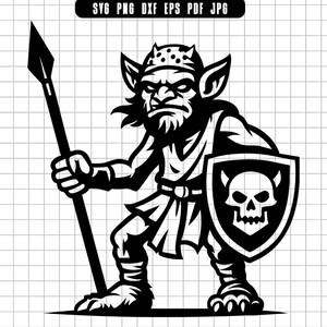 ゴブリン戦士SVG、ゴブリン槍SVG、ゴブリン盾SVG、ゴブリンクリップアート、ゴブリンカットファイル、SVG PNG DXF EPS Pdf Jpg