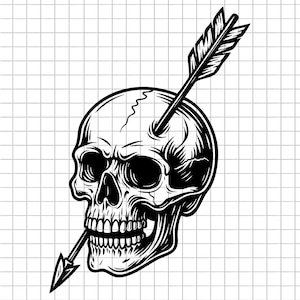 May include: Black and white illustration of a human skull pierced by an arrow. The skull is detailed with visible teeth and eye sockets. The arrow is feathered and positioned diagonally through the skull.