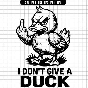 Peut inclure: Illustration en noir et blanc d'un canard en colère faisant un geste obscène. Le texte « I DON'T GIVE A DUCK » est en dessous. Image de conception numérique.
