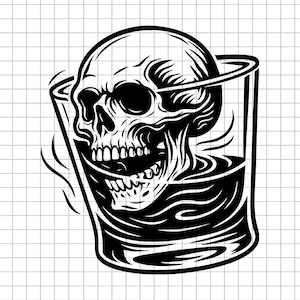 Skull Drink Svg, Whiskey Skull Svg, Smoked Glass Svg, Gothic Bar Svg, Tattoo Skull Svg, Death Svg, Black And White Svg